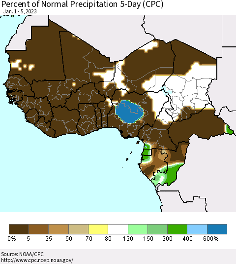 Western Africa Percent of Normal Precipitation 5-Day (CPC) Thematic Map For 1/1/2023 - 1/5/2023