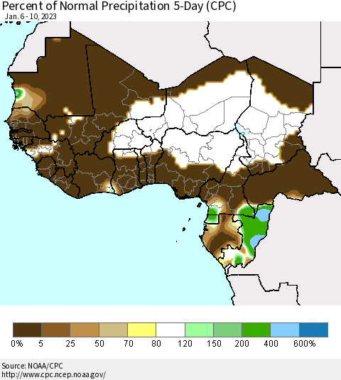 Western Africa Percent of Normal Precipitation 5-Day (CPC) Thematic Map For 1/6/2023 - 1/10/2023