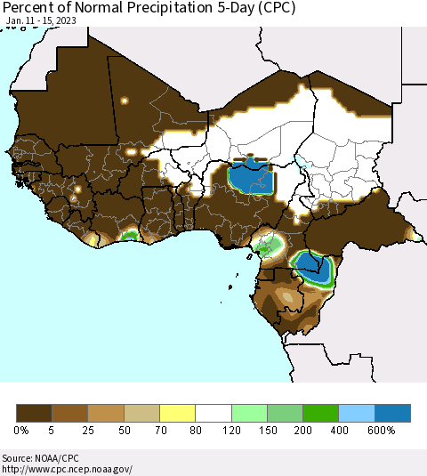 Western Africa Percent of Normal Precipitation 5-Day (CPC) Thematic Map For 1/11/2023 - 1/15/2023
