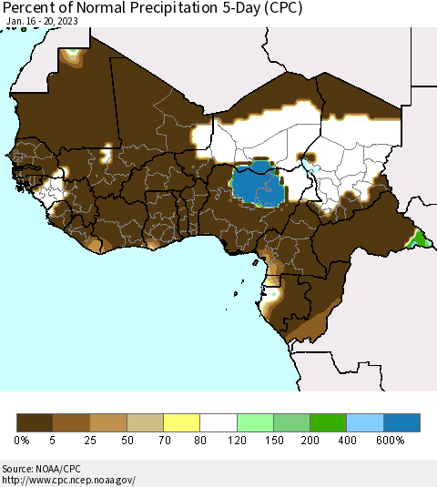Western Africa Percent of Normal Precipitation 5-Day (CPC) Thematic Map For 1/16/2023 - 1/20/2023