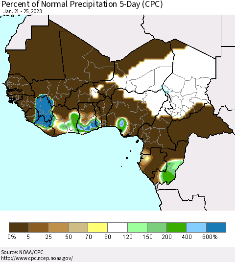 Western Africa Percent of Normal Precipitation 5-Day (CPC) Thematic Map For 1/21/2023 - 1/25/2023