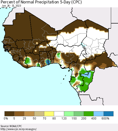 Western Africa Percent of Normal Precipitation 5-Day (CPC) Thematic Map For 1/26/2023 - 1/31/2023