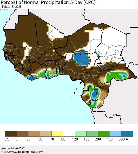 Western Africa Percent of Normal Precipitation 5-Day (CPC) Thematic Map For 2/1/2023 - 2/5/2023