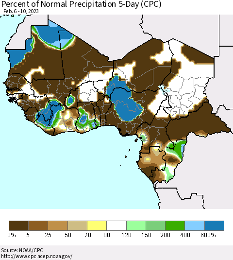 Western Africa Percent of Normal Precipitation 5-Day (CPC) Thematic Map For 2/6/2023 - 2/10/2023