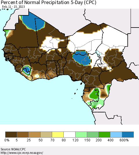 Western Africa Percent of Normal Precipitation 5-Day (CPC) Thematic Map For 2/11/2023 - 2/15/2023