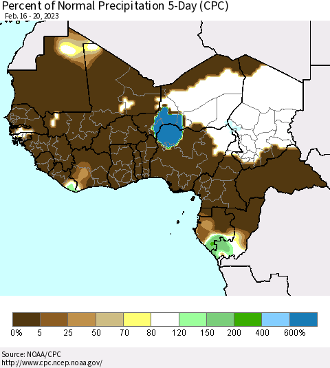 Western Africa Percent of Normal Precipitation 5-Day (CPC) Thematic Map For 2/16/2023 - 2/20/2023