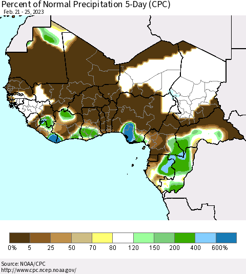 Western Africa Percent of Normal Precipitation 5-Day (CPC) Thematic Map For 2/21/2023 - 2/25/2023