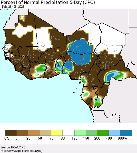 Western Africa Percent of Normal Precipitation 5-Day (CPC) Thematic Map For 2/26/2023 - 2/28/2023