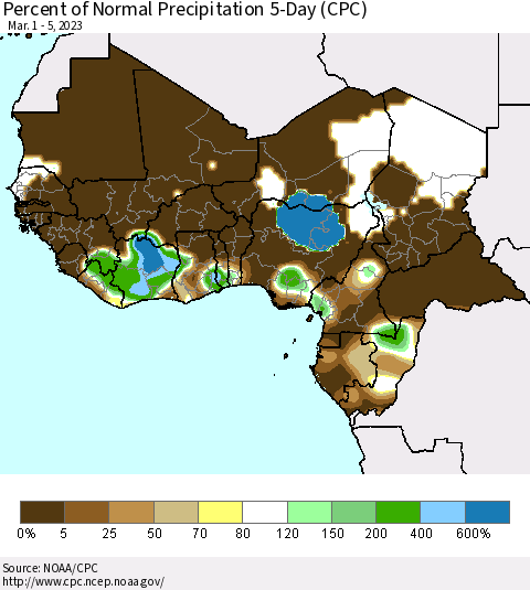 Western Africa Percent of Normal Precipitation 5-Day (CPC) Thematic Map For 3/1/2023 - 3/5/2023