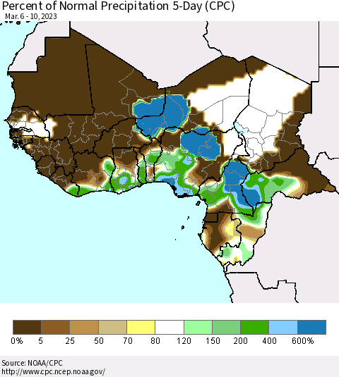 Western Africa Percent of Normal Precipitation 5-Day (CPC) Thematic Map For 3/6/2023 - 3/10/2023