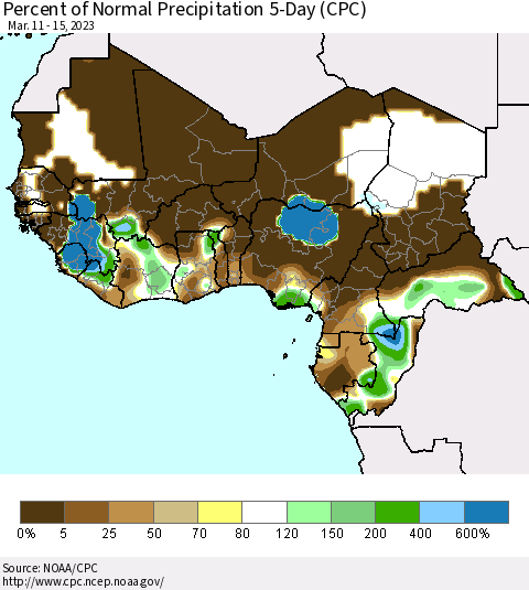 Western Africa Percent of Normal Precipitation 5-Day (CPC) Thematic Map For 3/11/2023 - 3/15/2023