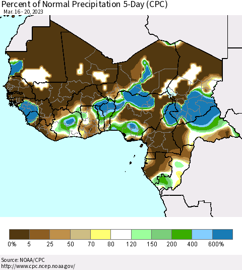 Western Africa Percent of Normal Precipitation 5-Day (CPC) Thematic Map For 3/16/2023 - 3/20/2023