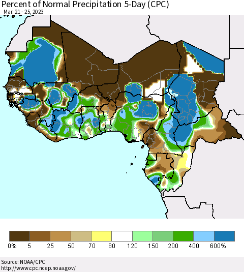 Western Africa Percent of Normal Precipitation 5-Day (CPC) Thematic Map For 3/21/2023 - 3/25/2023