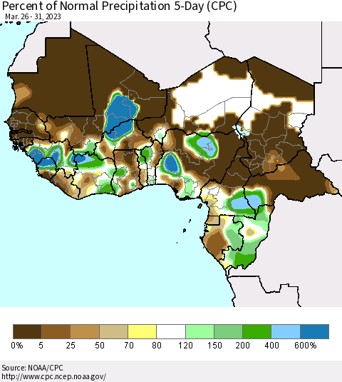 Western Africa Percent of Normal Precipitation 5-Day (CPC) Thematic Map For 3/26/2023 - 3/31/2023