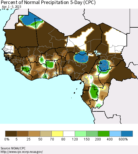 Western Africa Percent of Normal Precipitation 5-Day (CPC) Thematic Map For 4/1/2023 - 4/5/2023