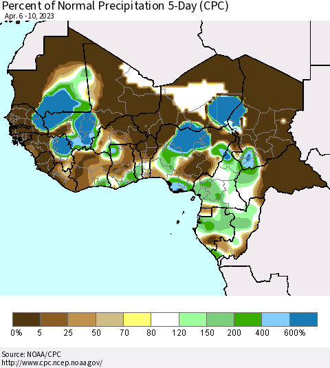 Western Africa Percent of Normal Precipitation 5-Day (CPC) Thematic Map For 4/6/2023 - 4/10/2023