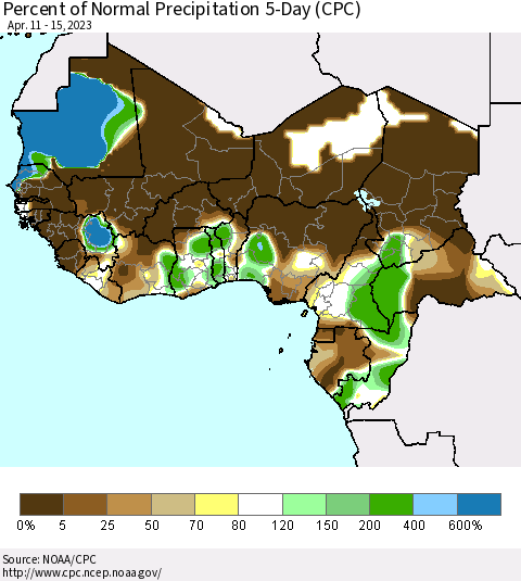 Western Africa Percent of Normal Precipitation 5-Day (CPC) Thematic Map For 4/11/2023 - 4/15/2023