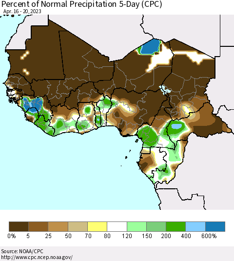Western Africa Percent of Normal Precipitation 5-Day (CPC) Thematic Map For 4/16/2023 - 4/20/2023