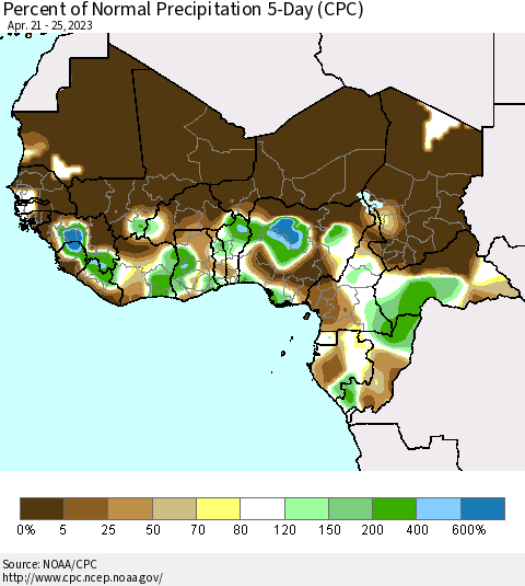 Western Africa Percent of Normal Precipitation 5-Day (CPC) Thematic Map For 4/21/2023 - 4/25/2023