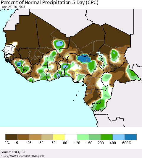 Western Africa Percent of Normal Precipitation 5-Day (CPC) Thematic Map For 4/26/2023 - 4/30/2023