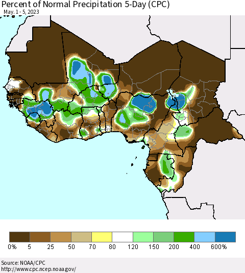 Western Africa Percent of Normal Precipitation 5-Day (CPC) Thematic Map For 5/1/2023 - 5/5/2023