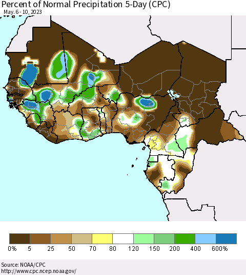 Western Africa Percent of Normal Precipitation 5-Day (CPC) Thematic Map For 5/6/2023 - 5/10/2023