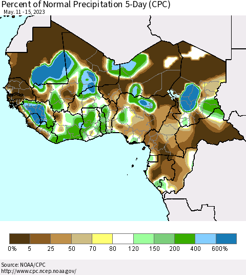 Western Africa Percent of Normal Precipitation 5-Day (CPC) Thematic Map For 5/11/2023 - 5/15/2023