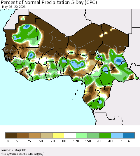 Western Africa Percent of Normal Precipitation 5-Day (CPC) Thematic Map For 5/16/2023 - 5/20/2023