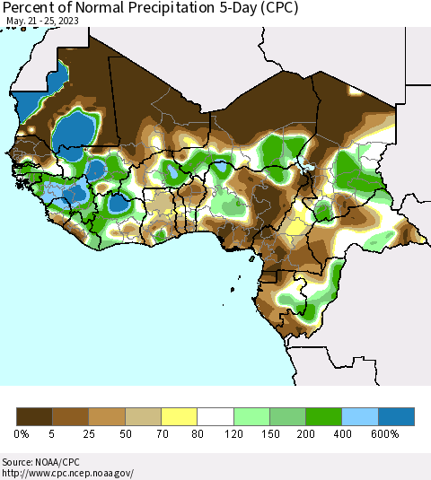Western Africa Percent of Normal Precipitation 5-Day (CPC) Thematic Map For 5/21/2023 - 5/25/2023