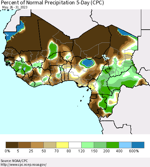 Western Africa Percent of Normal Precipitation 5-Day (CPC) Thematic Map For 5/26/2023 - 5/31/2023