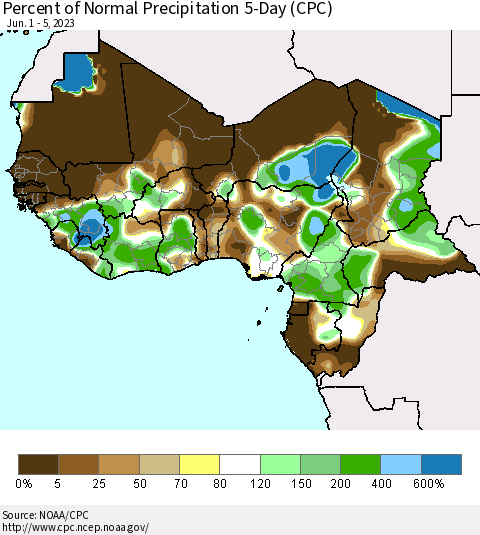 Western Africa Percent of Normal Precipitation 5-Day (CPC) Thematic Map For 6/1/2023 - 6/5/2023