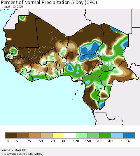 Western Africa Percent of Normal Precipitation 5-Day (CPC) Thematic Map For 6/6/2023 - 6/10/2023