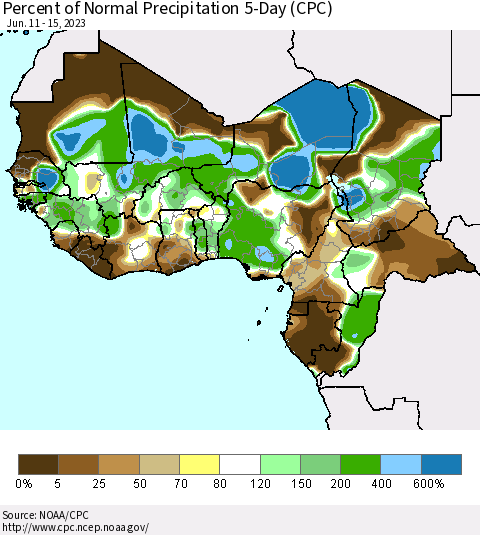Western Africa Percent of Normal Precipitation 5-Day (CPC) Thematic Map For 6/11/2023 - 6/15/2023