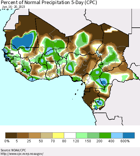 Western Africa Percent of Normal Precipitation 5-Day (CPC) Thematic Map For 6/16/2023 - 6/20/2023