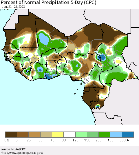 Western Africa Percent of Normal Precipitation 5-Day (CPC) Thematic Map For 6/21/2023 - 6/25/2023