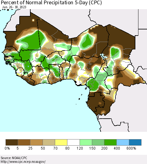 Western Africa Percent of Normal Precipitation 5-Day (CPC) Thematic Map For 6/26/2023 - 6/30/2023