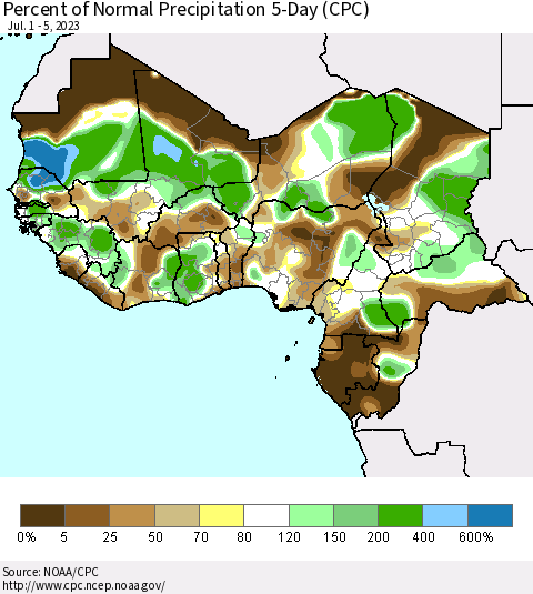 Western Africa Percent of Normal Precipitation 5-Day (CPC) Thematic Map For 7/1/2023 - 7/5/2023