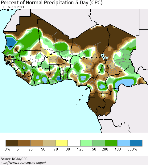 Western Africa Percent of Normal Precipitation 5-Day (CPC) Thematic Map For 7/6/2023 - 7/10/2023
