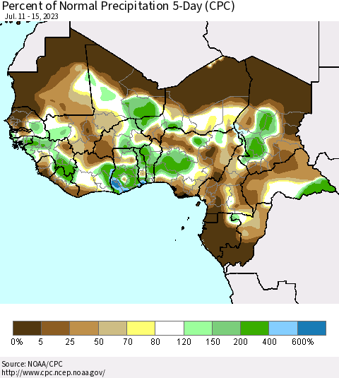 Western Africa Percent of Normal Precipitation 5-Day (CPC) Thematic Map For 7/11/2023 - 7/15/2023