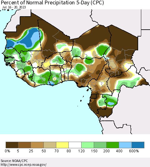 Western Africa Percent of Normal Precipitation 5-Day (CPC) Thematic Map For 7/16/2023 - 7/20/2023