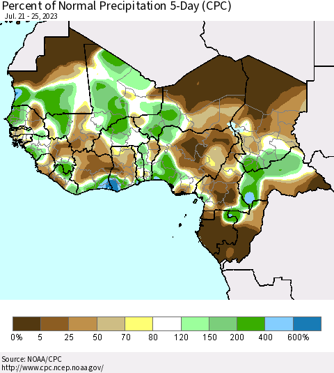 Western Africa Percent of Normal Precipitation 5-Day (CPC) Thematic Map For 7/21/2023 - 7/25/2023
