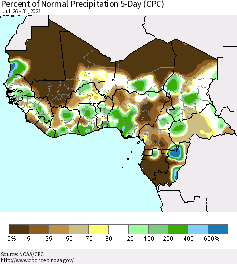 Western Africa Percent of Normal Precipitation 5-Day (CPC) Thematic Map For 7/26/2023 - 7/31/2023