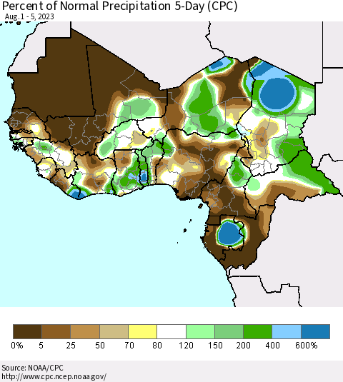 Western Africa Percent of Normal Precipitation 5-Day (CPC) Thematic Map For 8/1/2023 - 8/5/2023