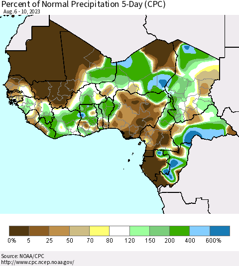 Western Africa Percent of Normal Precipitation 5-Day (CPC) Thematic Map For 8/6/2023 - 8/10/2023