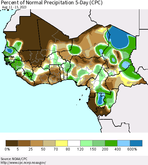 Western Africa Percent of Normal Precipitation 5-Day (CPC) Thematic Map For 8/11/2023 - 8/15/2023