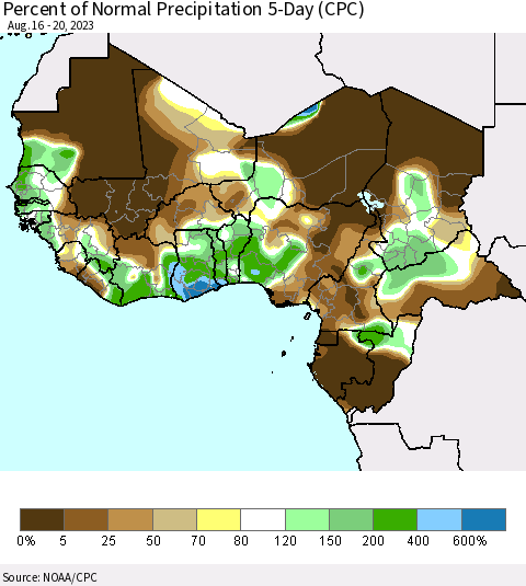 Western Africa Percent of Normal Precipitation 5-Day (CPC) Thematic Map For 8/16/2023 - 8/20/2023