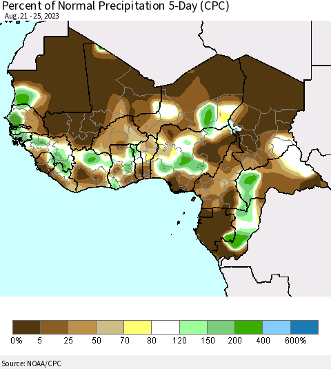 Western Africa Percent of Normal Precipitation 5-Day (CPC) Thematic Map For 8/21/2023 - 8/25/2023
