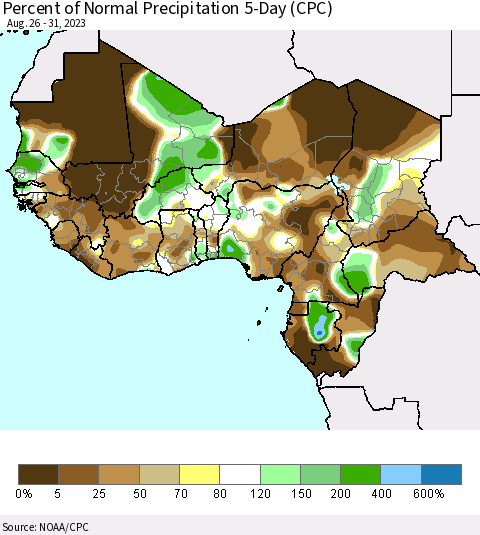 Western Africa Percent of Normal Precipitation 5-Day (CPC) Thematic Map For 8/26/2023 - 8/31/2023