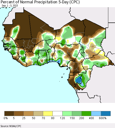Western Africa Percent of Normal Precipitation 5-Day (CPC) Thematic Map For 9/1/2023 - 9/5/2023