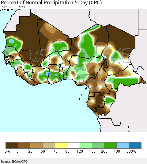 Western Africa Percent of Normal Precipitation 5-Day (CPC) Thematic Map For 9/6/2023 - 9/10/2023